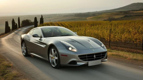 Silver Ferrari FF Driving in Scenic Landscape