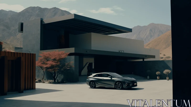 Sleek Car Parked in Front of Modern Home | Dynamic Action Scenes AI Image