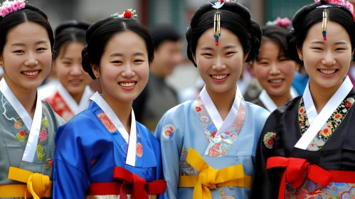 Traditional Korean Women in Colorful Hanbok Dresses