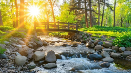 Tranquil Park Landscape with Wooden Bridge over River