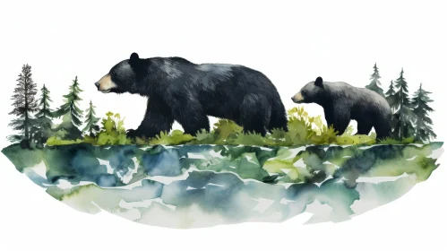 Tranquil Watercolor Painting of Black Bears in Forest