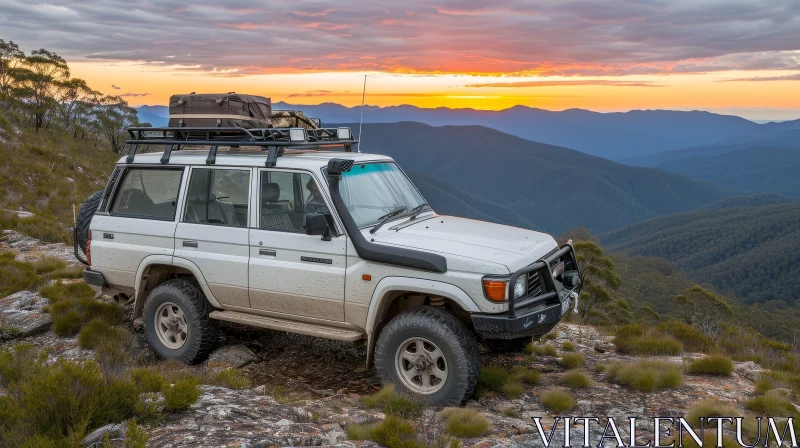 White 4WD Vehicle on Rocky Hilltop at Sunset
