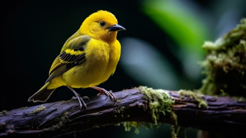 Yellow Bird on Moss-Covered Branch