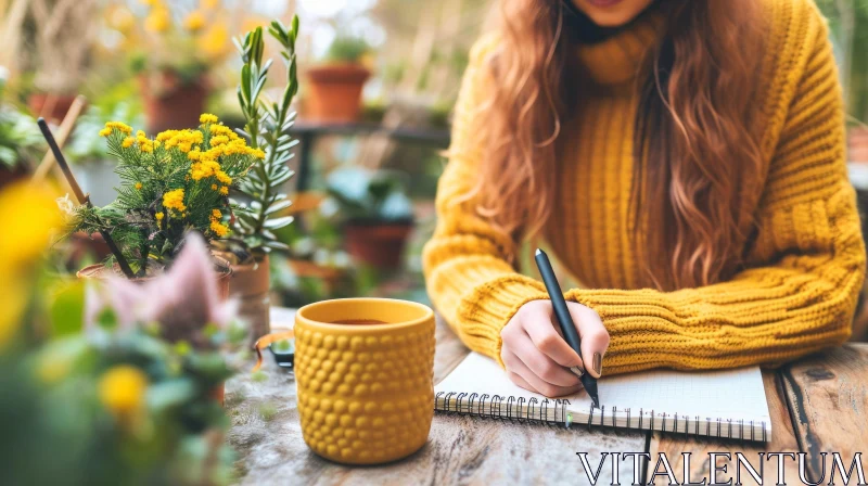 Captivating Garden Scene: Young Woman Enjoying Tea and Writing AI Image