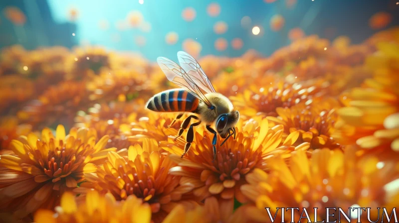Close-up Bee Collecting Pollen on Orange Flower AI Image
