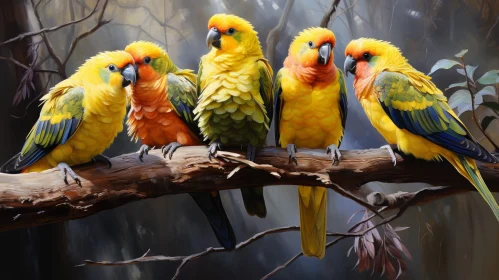 Colorful Parrots on Branch Painting - Nature Artwork