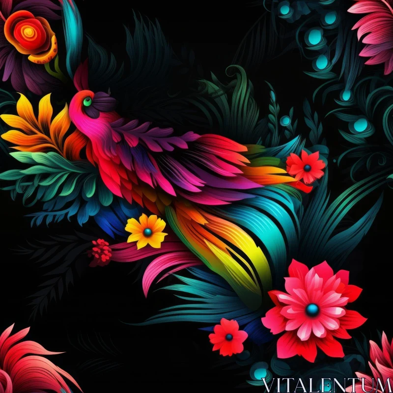 Colorful Peacock Seamless Pattern on Black Background AI Image