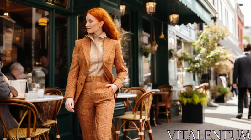 Confident Redheaded Woman in Brown Suit Walking in City AI Image