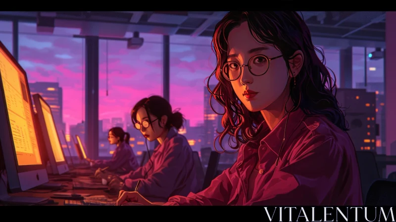 Determined Woman in Office: Digital Painting AI Image