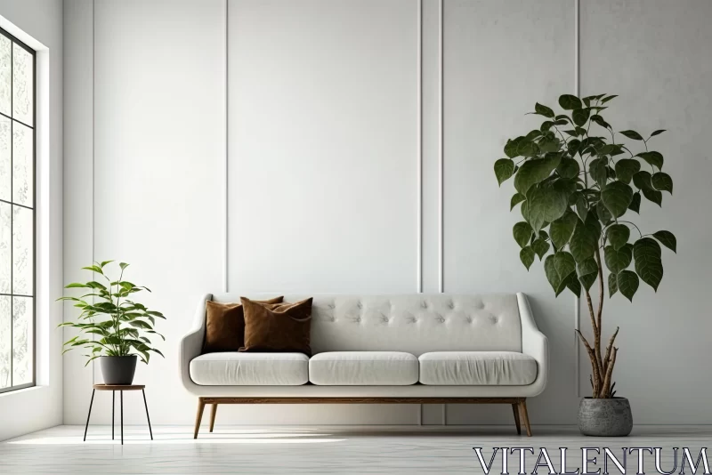 Elegant White Couch with Plant: Retro Minimalism and Intricate Lines AI Image