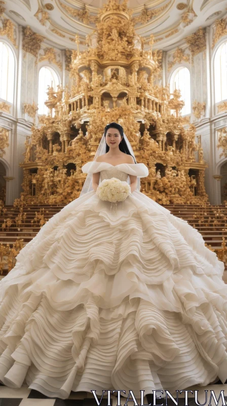 Elegant White Wedding Dress in Ornate Church AI Image