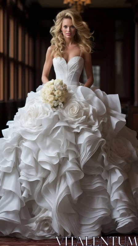Elegant White Wedding Dress Model with Bouquet AI Image