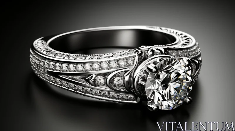 Exquisite White Gold Diamond Ring on Black Background AI Image