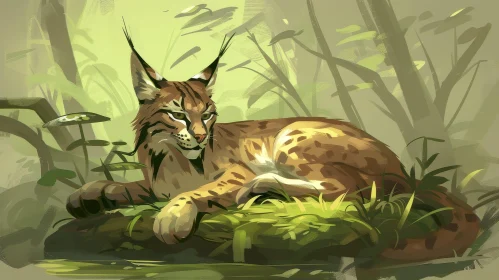 Lynx in Green Forest - Digital Painting