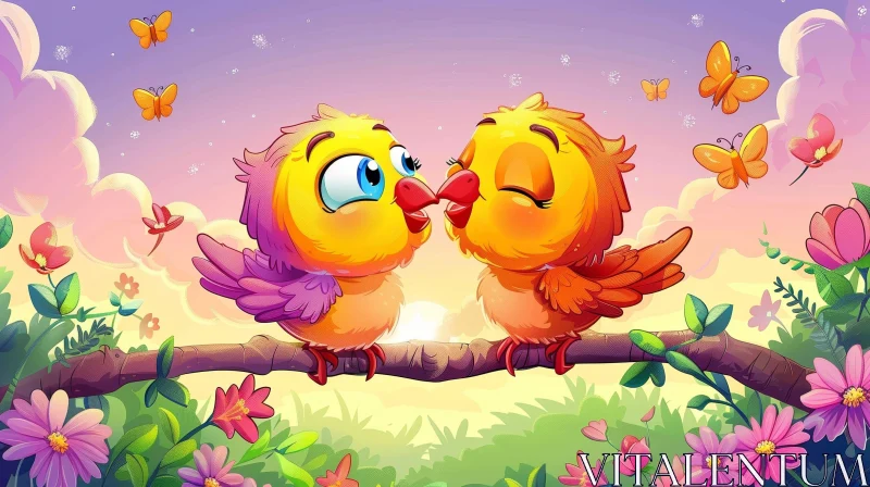 Romantic Cartoon Birds on Branch at Sunset AI Image