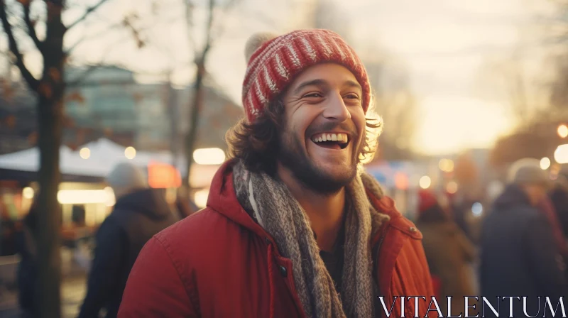 Smiling Young Man in Red Winter Jacket and Beanie Hat AI Image