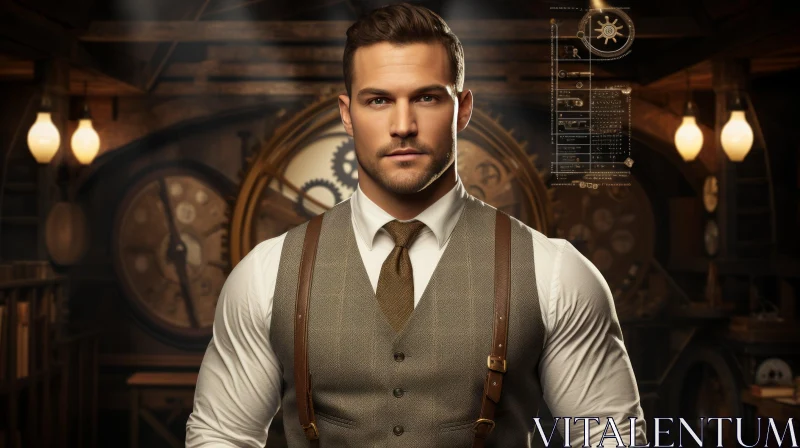 Steampunk Young Man in Brown Vest and Gears Background AI Image