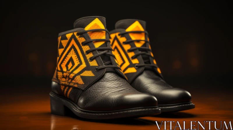 Stylish Black Leather Boots with Geometric Pattern on Wooden Surface AI Image
