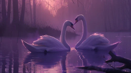 Tranquil Swans in Purple Pond Painting