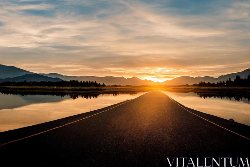 A Breathtaking Road with Bridge over Pond at Sunset AI Image