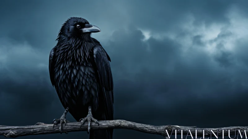 Black Raven on Branch in Stormy Sky AI Image