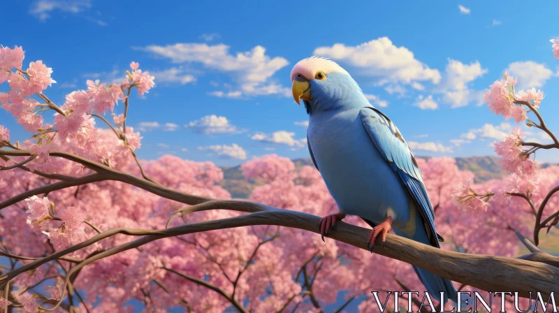 AI ART Blue Parrot on Cherry Tree Branch - Serene Nature Scene