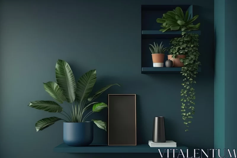AI ART Dark Emerald Plant Shelf with Wall Hanging in Living Room | Technological Design