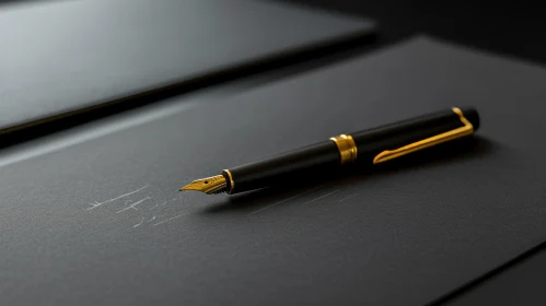 Elegant Black and Gold Fountain Pen on Reflective Black Paper