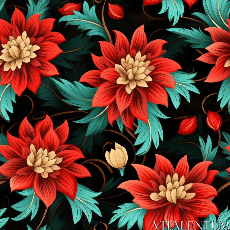 Elegant Floral Pattern in Red, Yellow, and Green AI Image