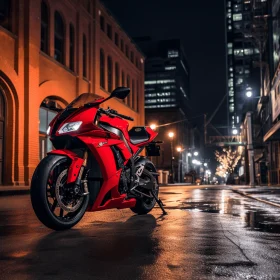 Energetic Red Motorcycle on Dark City Sidewalk - Artistic Image