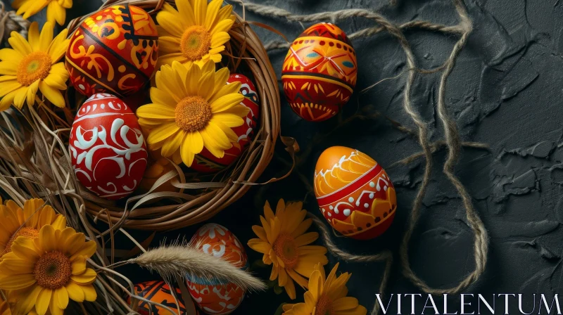 Exquisite Easter Eggs in a Wicker Basket on a Dark Background AI Image
