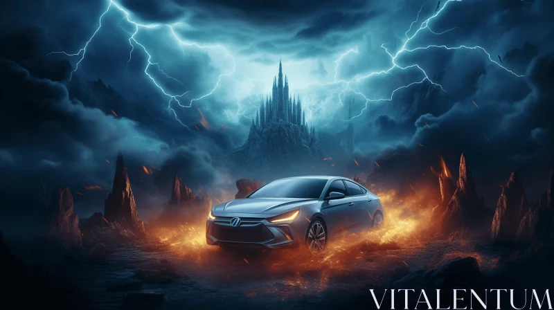Hyperrealistic Fantasy Art: Silver Car Racing through Storm and Castle AI Image