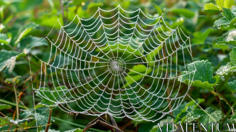 Morning Dew Spider Web: Nature's Symmetry in Sunlight AI Image