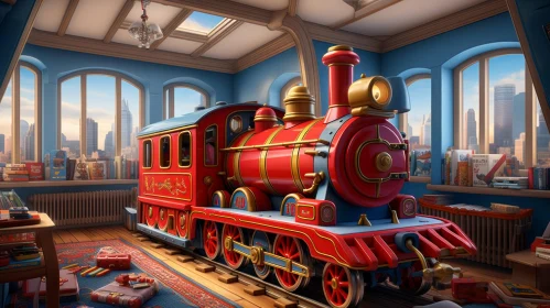 Red Wooden Toy Train in Child's Playroom