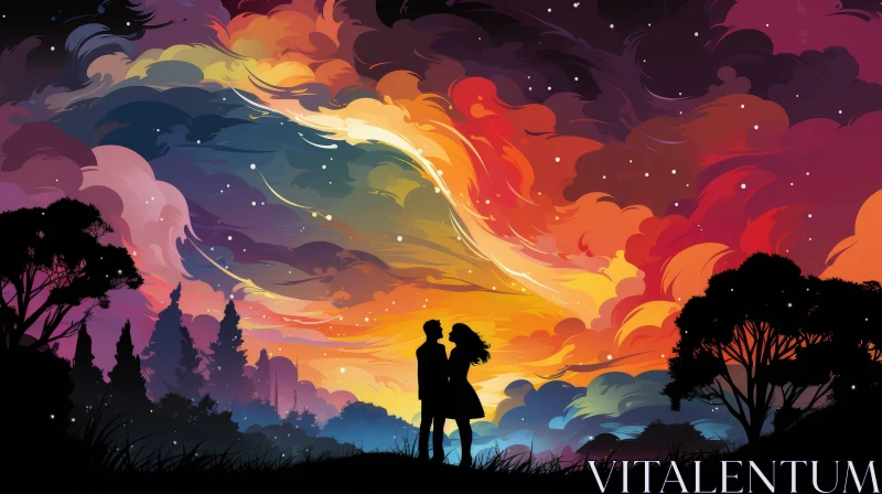 Romantic Couple in Colorful Field Sky - Love and Emotion AI Image