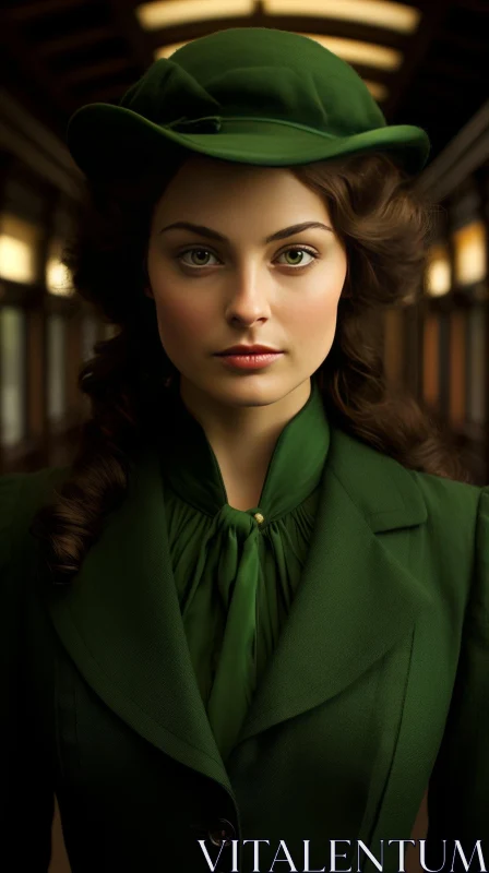 Serious Young Woman Portrait in Green Hat and Suit AI Image