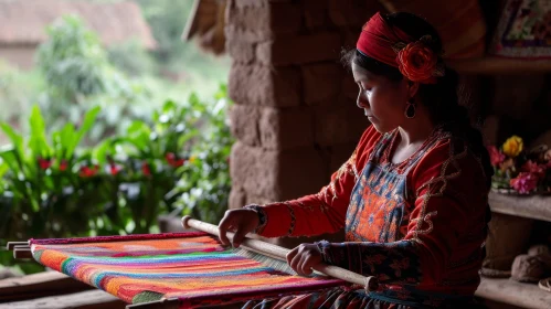 Traditional Craftsmanship: Weaving a Colorful Textile on a Traditional Loom