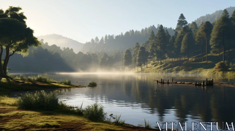 Tranquil Lake Morning Landscape AI Image