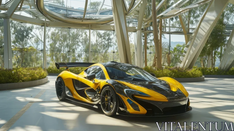 Yellow and Black McLaren P1 in Modern Glass Building AI Image