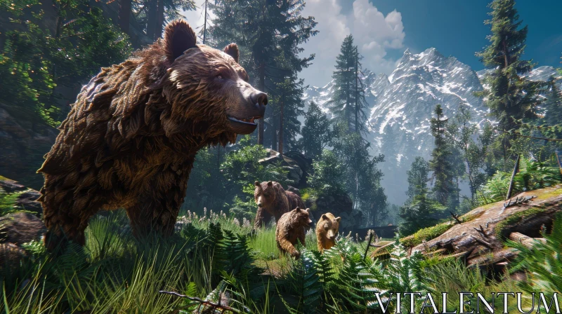 Brown Bear and Cubs in Forest Digital Painting AI Image
