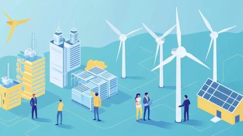 Business People Discussing Renewable Energy Sources - Isometric Vector Illustration