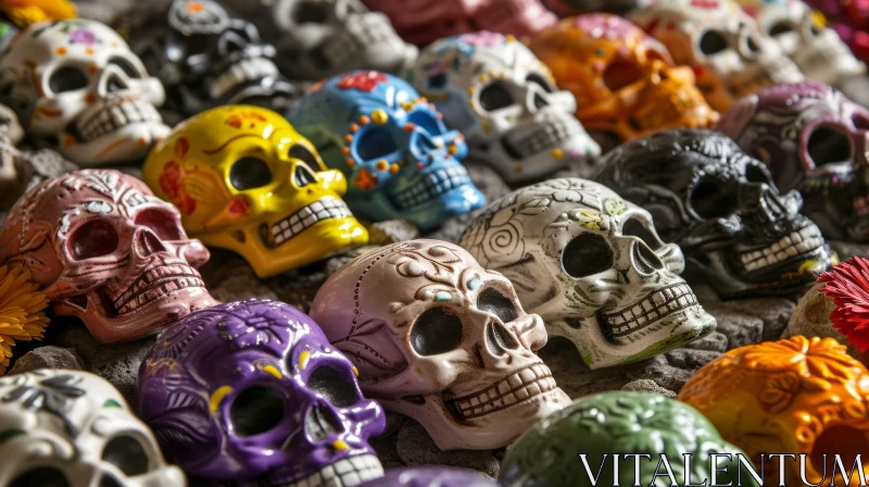 Colorful Ceramic Skulls: Intricate Patterns and Decorations AI Image