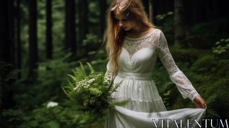 Enchanting Forest Stroll with Woman in White Dress AI Image