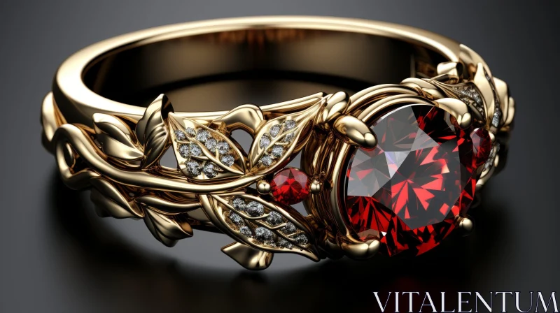 Exquisite Gold Ring with Red Gemstone and Diamonds AI Image