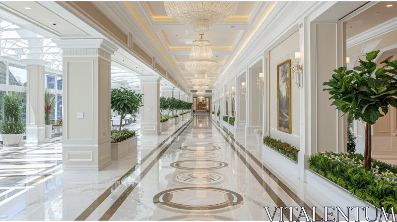 Exquisite Marble Hallway with Paintings and Chandeliers AI Image