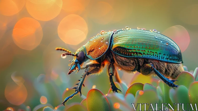 AI ART Gleaming Scarab Beetle on Green Leaf