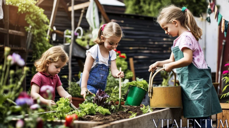Joyful Gardening: Three Little Girls Planting and Nurturing in a Backyard Garden AI Image