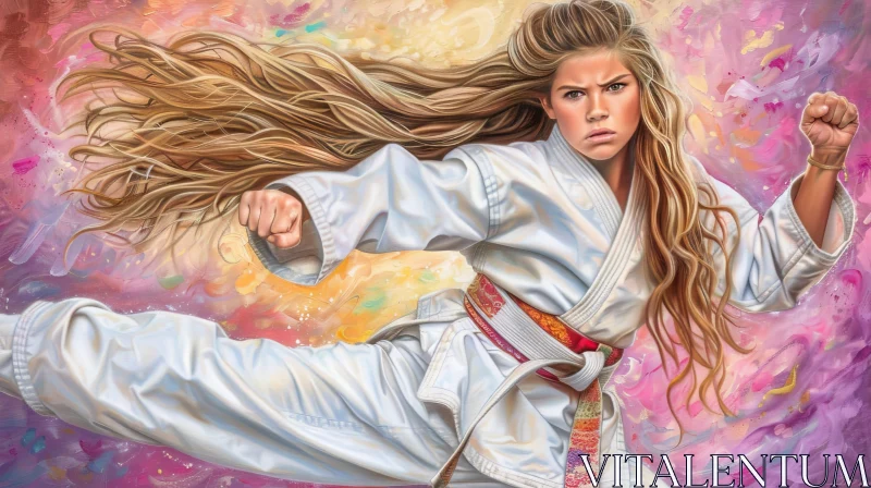 Karate Girl Painting - Dynamic Stance in Abstract Background AI Image