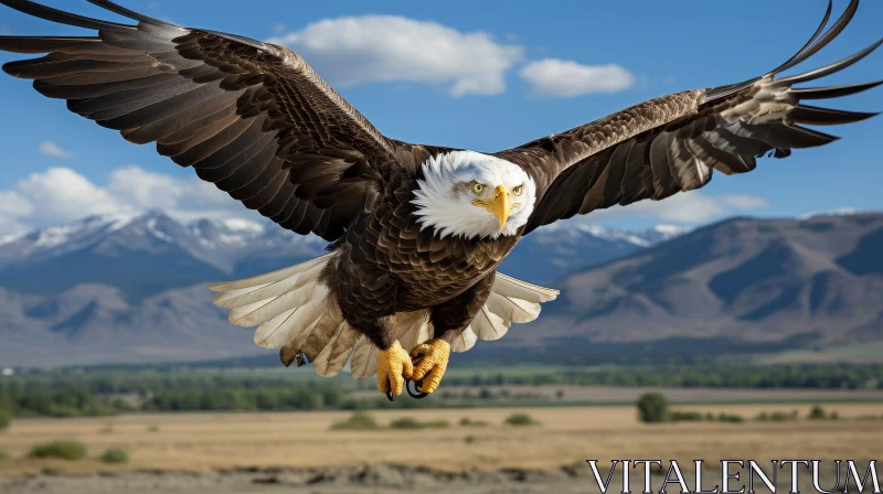Majestic Bald Eagle Flying in Sky Over Snowy Mountains AI Image