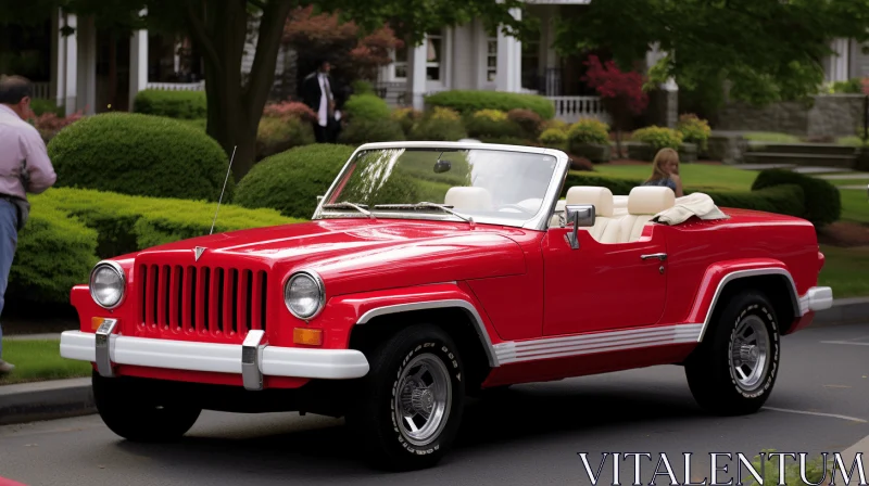 Red Jeep Convertible Parked Next to People - Playful Yet Sophisticated AI Image